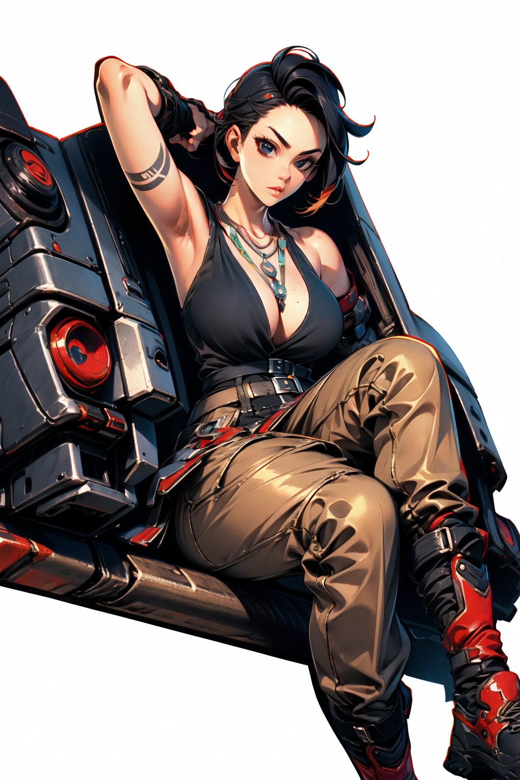 solo,(masterpiece),illustration,8k,ray tracing,finely detailed,best detailed,Clear picture,

black hair,short hair,large_breast,cleavage,fingerless_glove,thick-thighs,necklace,boots,muscular,tattoo,belt,armpit,cleavage,navel

,groin focus,low-angle_shot,sitting on objet,(masterpiece, best quality, absurdresm, absurdres,highres