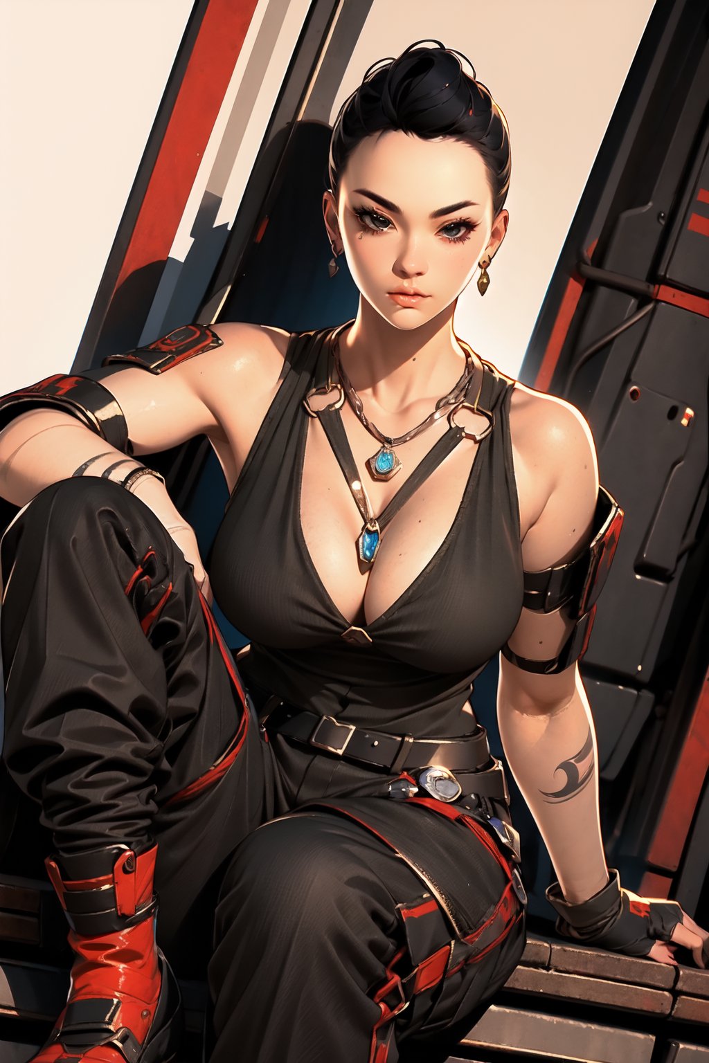 solo,(masterpiece),illustration,8k,ray tracing,finely detailed,best detailed,Clear picture,

black hair,short hair,large_breast,cleavage,fingerless_glove,thick-thighs,necklace,boots,muscular,tattoo,belt,armpit,cleavage,navel

,groin focus,low-angle_shot,sitting on objet,(masterpiece, best quality, absurdresm, absurdres,highres