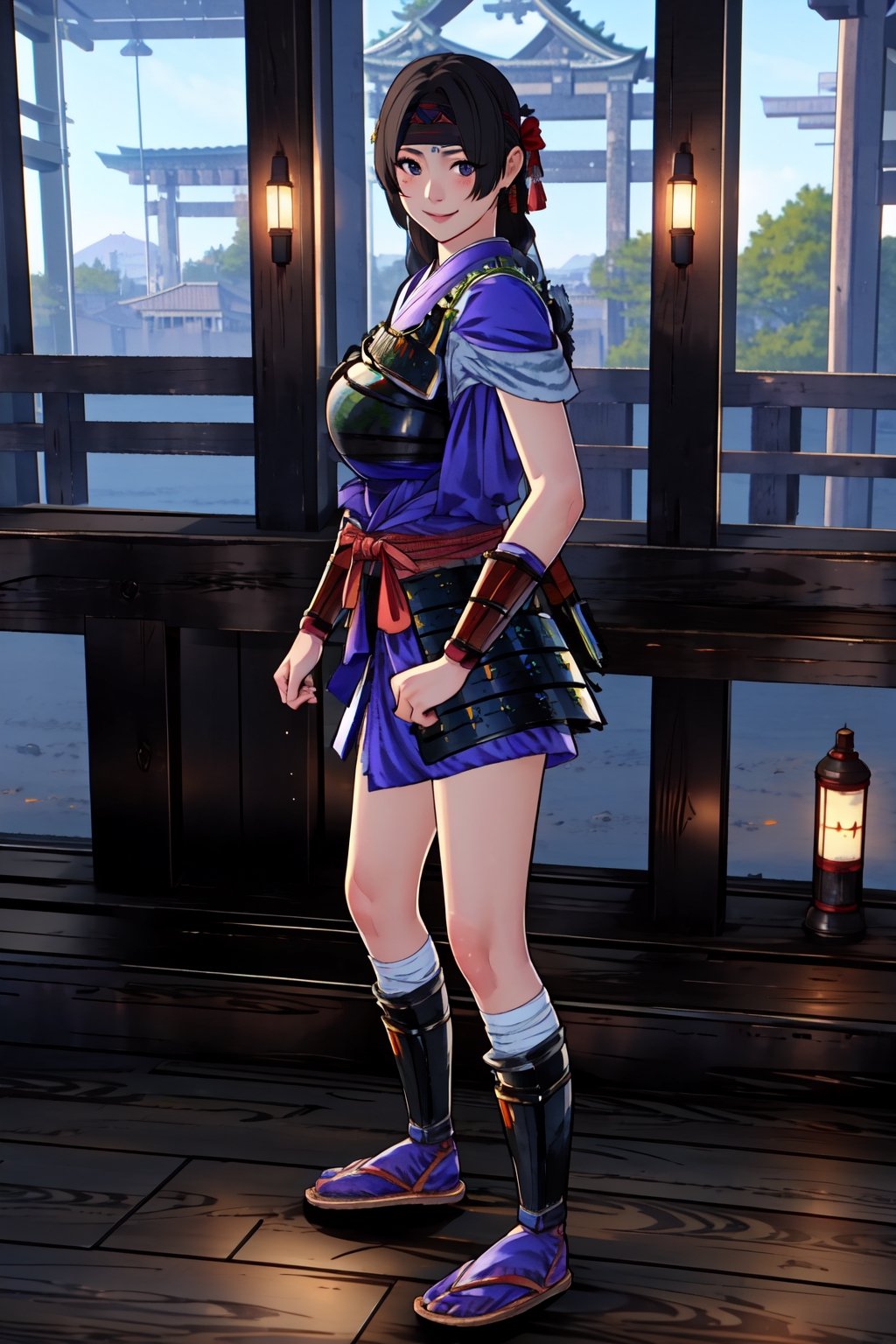 {best quality},{{masterpiece}},illustration,portrait,solo,masterpiece,best quality,black hair,long hair,headband,japanese clothes,japanese armor,muneate,large_breast,incredibly absurdres,highres,high detail eyes,standing,window,smile,indoors,bar,sake,Samurai Warriors 5,hand on thigh,game cg,Gugu,fcloseup,full_body