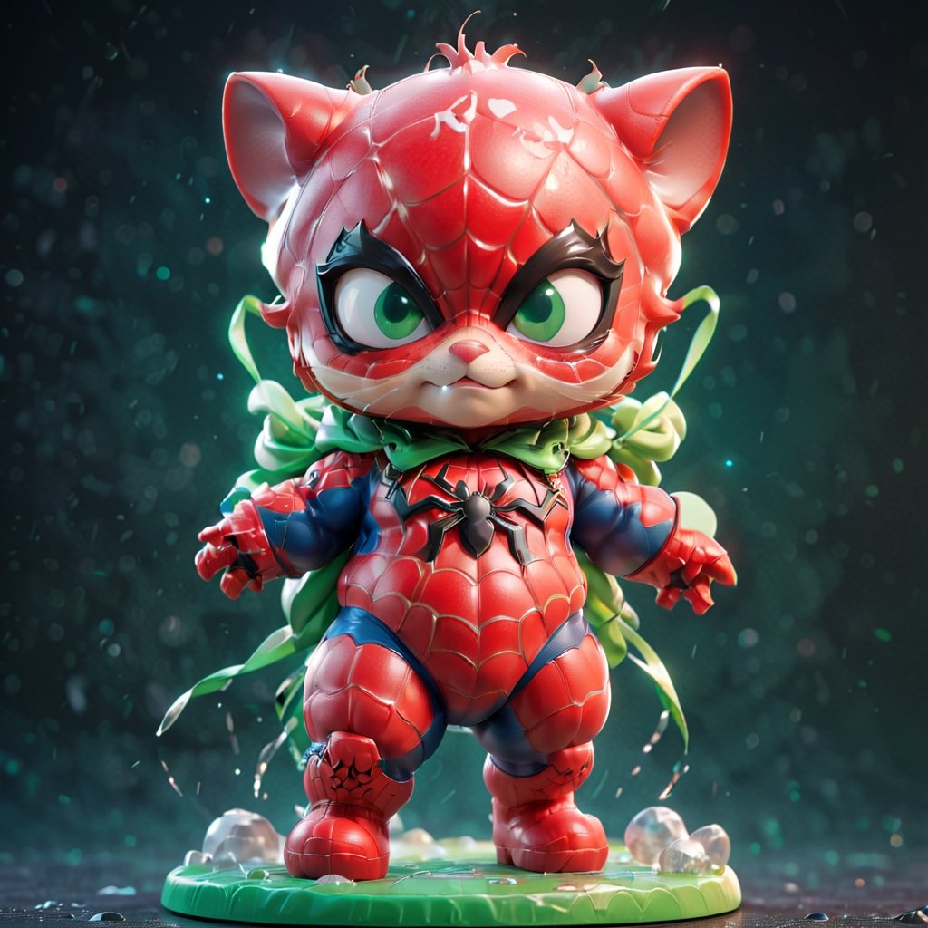 ((Toy), (3D Spider-Man Figure), (3D Cute Red Kitten Figure)) Close-up Angle, Green Eyes, Spider-Man Mask, Charming Smile, Full Body Spider-Man Costume, Detailed Focus, Deep Bokeh, Beautiful, Dark Cosmic Background. Visually pleasing to the eye, 3D, more detailed XL, Chibi, Fat