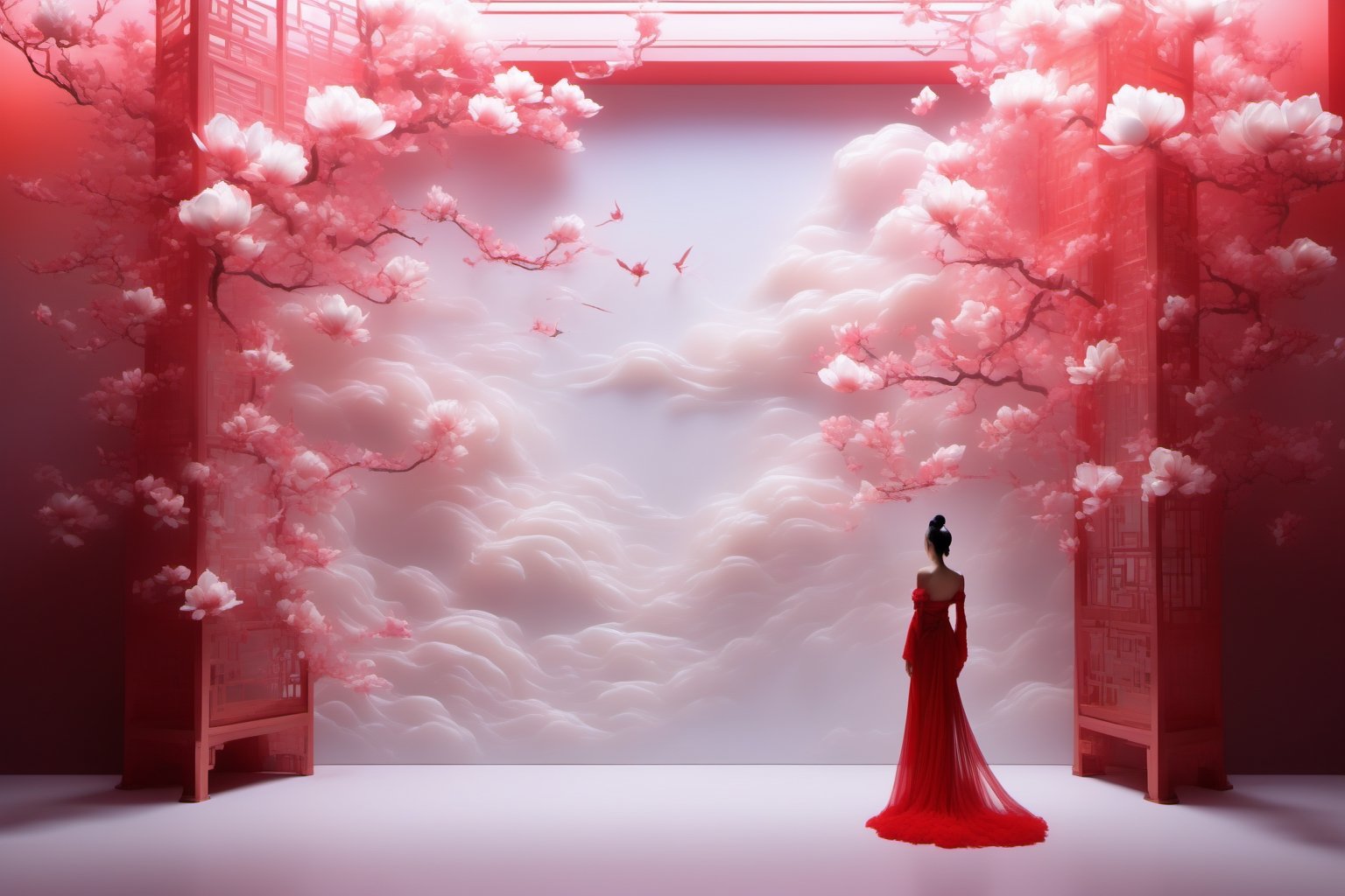 Large area of white space, vermilion palace wall, a magnolia in the lower left corner of the picture, strong color contrast between red and white, large area of white space, perfect composition, exquisite rendering, exquisite details, master composition, Wong Kar-wai, film texture, lighting atmosphere, vertical tulle, translucent silk, depth of field composition, focus, ASCII, ART, Zen, semi-translucent, hazy, diffuse gradient, abstract, combination of virtual and real, By, Janet, echelman, line, art, minimalism, romantic antiquity, perfect face, delicate facial features, reasonable body language,glass art,dragonbaby,dragonyear,ancient_beautiful,diorama,DonM3lv3nM4g1cXL,BugCraft,shards