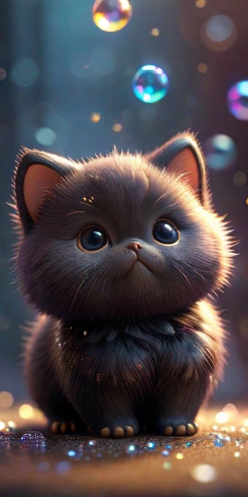 ((Cut Toy), (3D Black Kitten)) Close-up angle surrounded by glittering dream bubbles, animals, detailed focus, fat highlighting kittens, deep bokeh, beautiful, dark cosmic background. Visually pleasing, 3D, more details XL, Chibi,