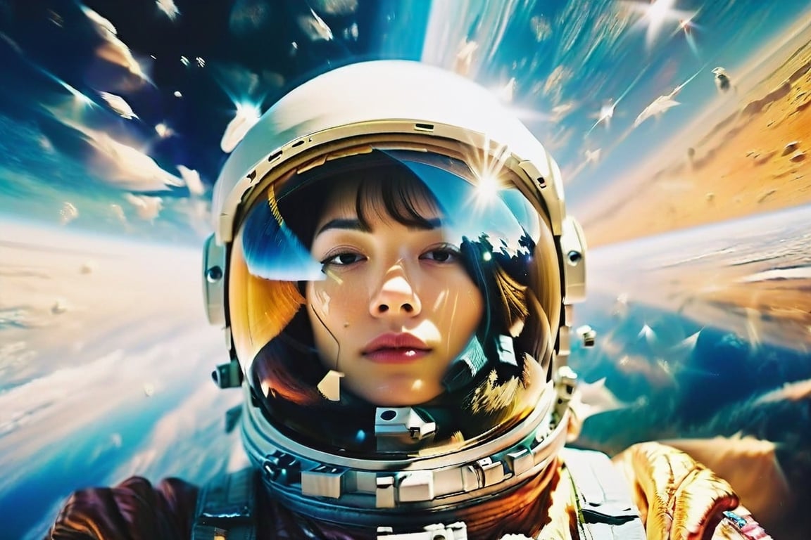 (Low wide angle side shot,old film photo),(beautiful female astronaut drifting in hyper space),(wearing space suit, helmet with face showing, stars reflection in helmet),hyperspace in the background,lisa,GothEmoGirl,palette knife painting,dreamgirl