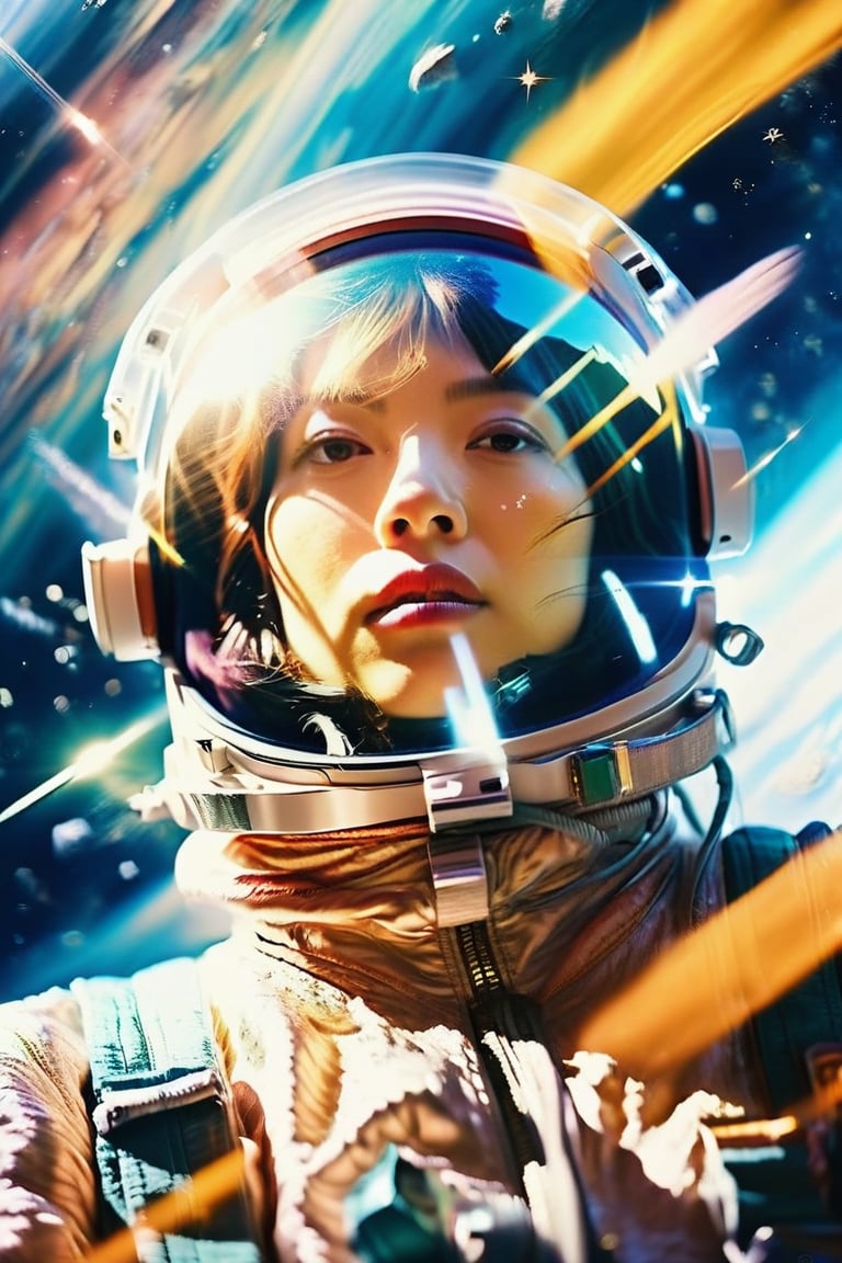 (Low wide angle side shot,old film photo),(beautiful female astronaut drifting in hyper space),(wearing space suit, helmet with face showing, stars reflection in helmet),hyperspace in the background,lisa,GothEmoGirl,palette knife painting,dreamgirl