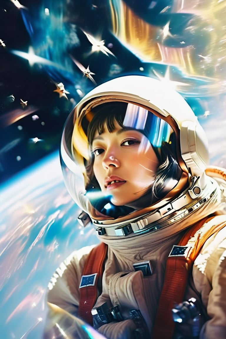 (Low wide angle side shot,old film photo),(beautiful female astronaut drifting in hyper space),(wearing space suit, helmet with face showing, stars reflection in helmet),hyperspace in the background,lisa,GothEmoGirl,palette knife painting,dreamgirl