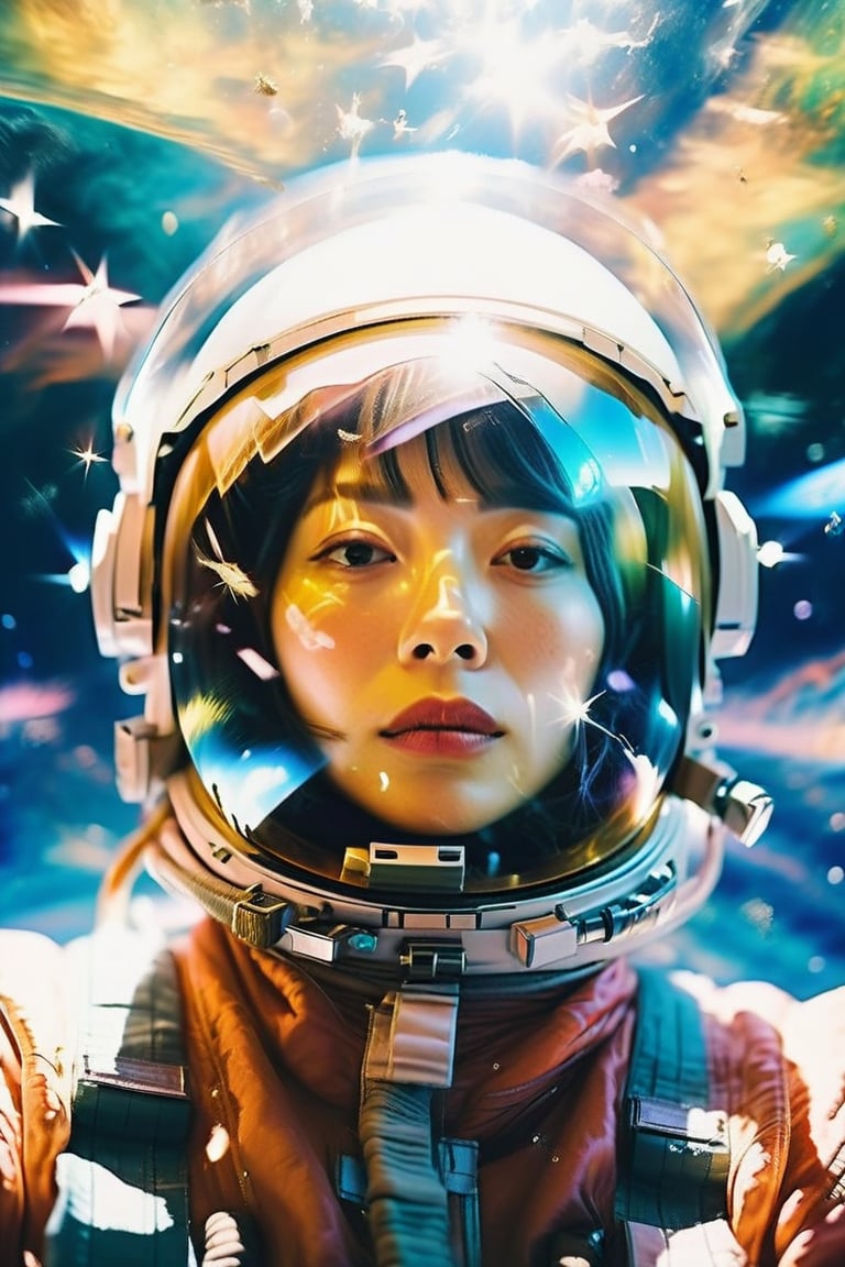 (Low wide angle side shot,old film photo),(beautiful female astronaut drifting in hyper space),(wearing space suit, helmet with face showing, stars reflection in helmet),hyperspace in the background,lisa,GothEmoGirl,palette knife painting,dreamgirl