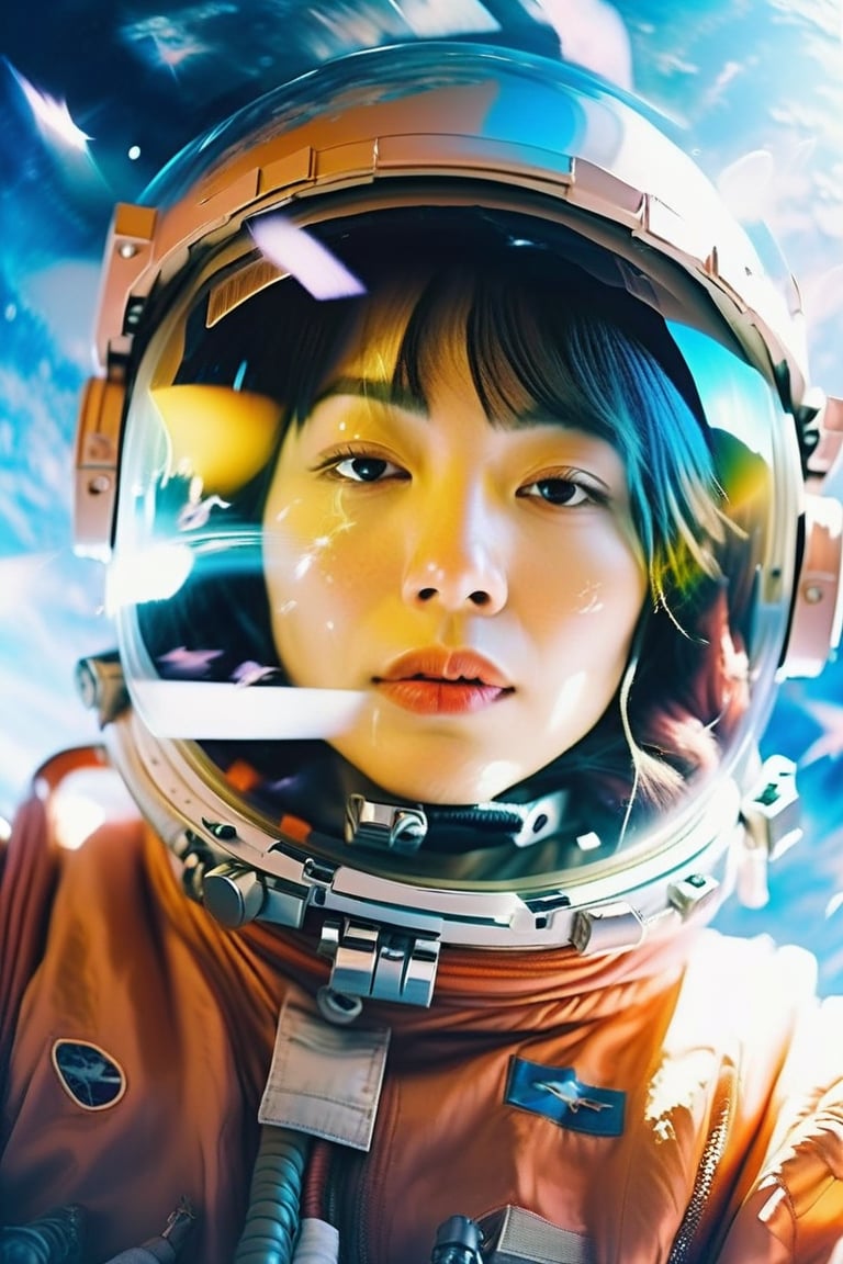 (Low wide angle side shot,old film photo),(beautiful female astronaut drifting in hyper space),(wearing space suit, helmet with face showing, stars reflection in helmet),hyperspace in the background,lisa,GothEmoGirl,palette knife painting,dreamgirl