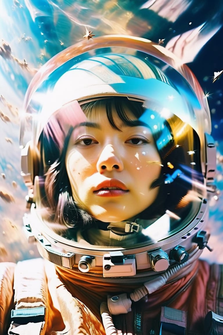 (Low wide angle side shot,old film photo),(beautiful female astronaut drifting in hyper space),(wearing space suit, helmet with face showing, stars reflection in helmet),hyperspace in the background,lisa,GothEmoGirl,palette knife painting,dreamgirl