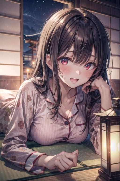  on stomach, lying on tatami, inside japanese-style room, countryside, masterpiece, best quality, high resolution, highly detailed, detailed background, at night, 1 girl, brown long hair, red eyes, pajamas, medium breasts, skinny, blush, laugh