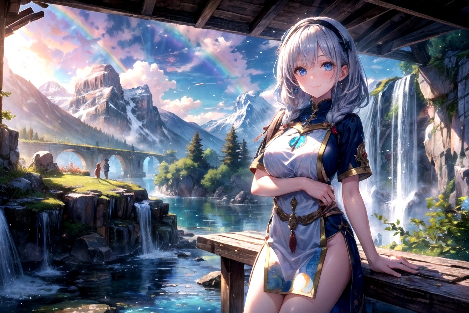  breast hold, inside water, valley, waterfall, with a rainbow, lake, mountain, masterpiece, best quality, high resolution, highly detailed, detailed background, at noon, 1 girl, silver long hair, braid, hairband, blue eyes, tabard, short sleeve, skinny, medium breasts, smile