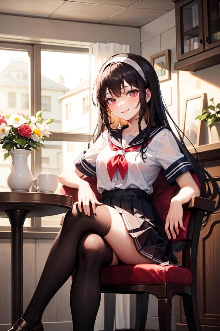 crossed legs,coffee cup,table,sitting chair,vase,cupboard,inside antique cafe,masterpiece, best quality, high resolution, highly detailed, detailed background,black hair, very long hair,pink eyes,hairband,sailor shirt,short sleeve,pleated skirt,black thighhighs,loafer,medium breasts,skinny,at noon,daylight,rim light,embraced,smile