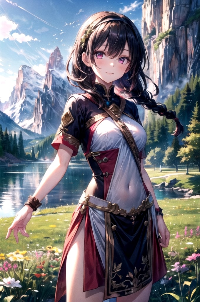  field road, lake, mountain, masterpiece, best quality, high resolution, highly detailed, detailed background, at noon, 1 girl, black long hair, braid, hairband, pink eyes, tabard, short sleeve, skinny, medium breasts, smile