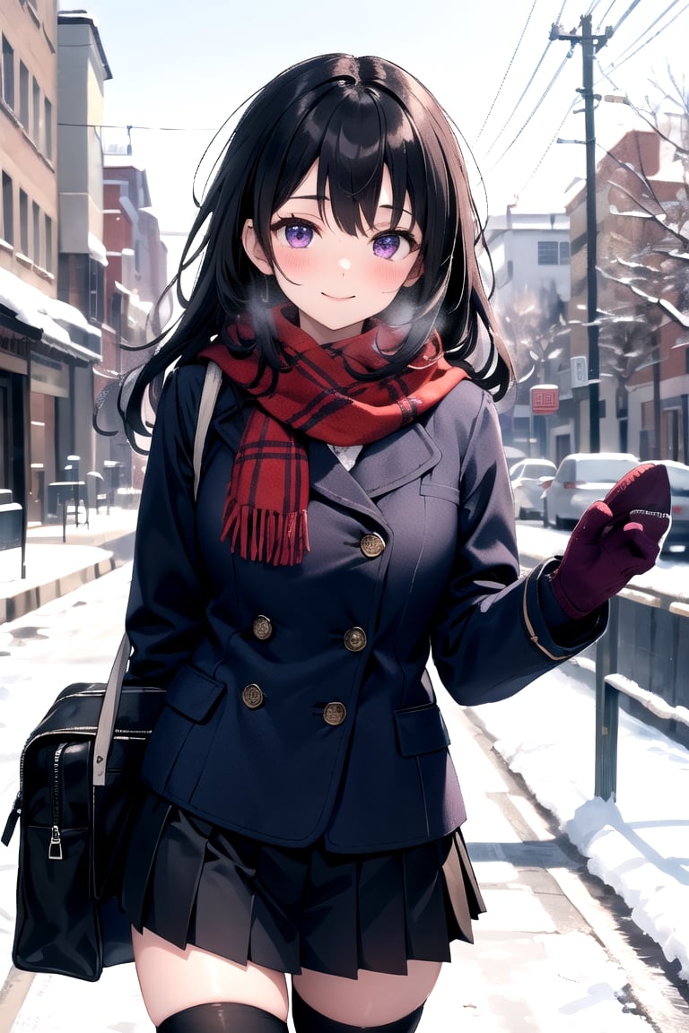 Breathing white breath from cold,masterpiece, best quality, high resolution, highly detailed, detailed background,1 girl,black hair,messy hair,long hair,purple eyes,dark blue pea coat,scarf,mittens,schoolbag,pleated skirt,(black thighhighs:1.1),loafer,skinny,buildi,winter background,snowy,daylight,rim light,blush,embraced,smile