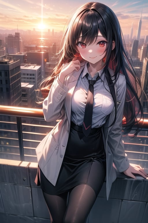 leaning on fence,rooftop,office,cityscape,masterpiece, best quality, incredibly absurdres,1 girl,black long hair,red eyes,white doctor’s coat,dressshirt,tie,sheath skirt,pantyhose,skinny,medium breasts,sunset,rim light,blush,smile