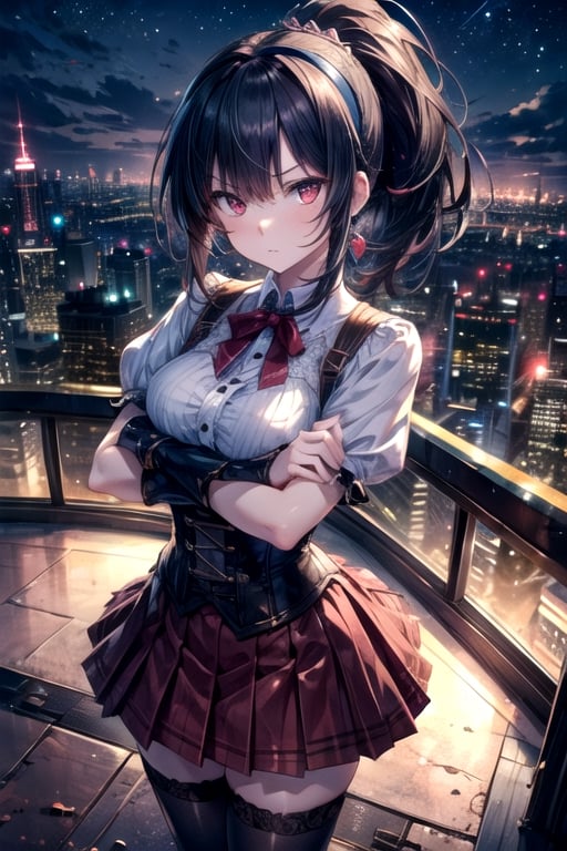  crossed arms, masterpiece, best quality, high resolution, highly detailed, detailed background, 1 girl, hairband, black hair,  ponytail, red eyes, blouse, corset, pleated skirt, thighhighs, skinny, medium breasts, at night, rooftop, cityscape, serious