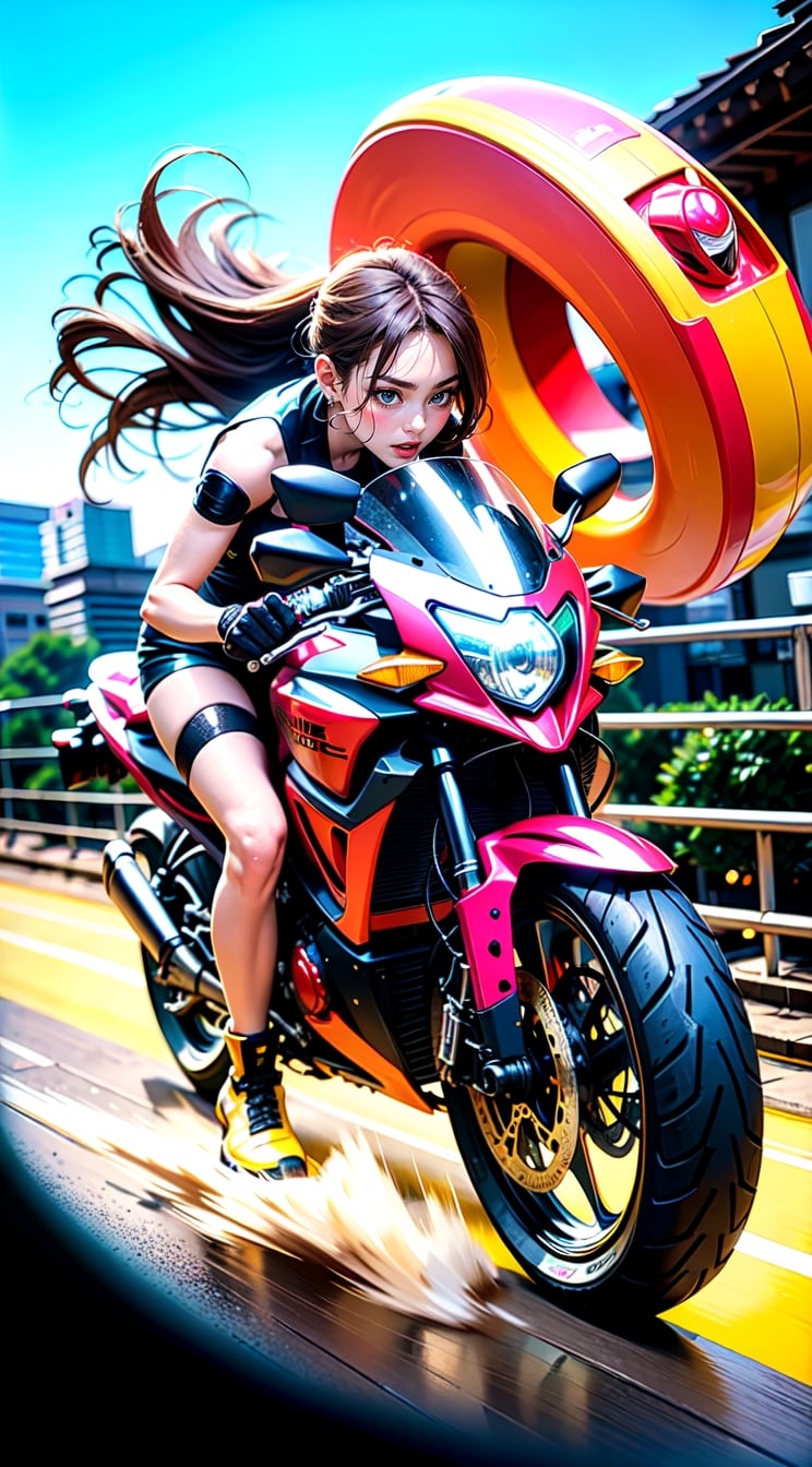 Black caferacer motorcycle driving high speed through the city (speeding), (slow motion: 1.3), (motion blur: 1.3), (speed line: 1.4), sense of speed, hot Lara croft from tomb raider, beauty korean girl, big breasts,glow eyes, denim short, sparks and tire smoke, cityscape background, camera on ground, high quality, high resolution, realistic details,Enhance,More Detail,nsfw,