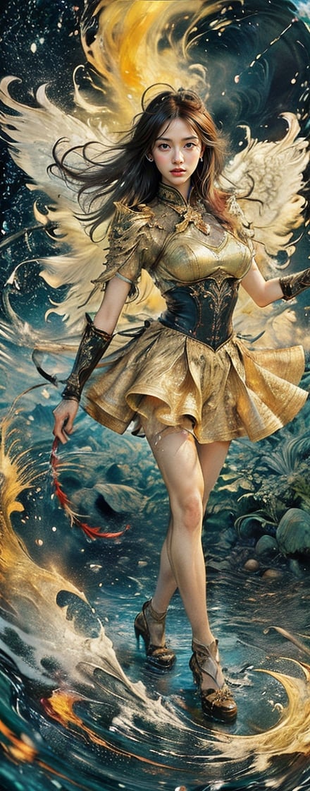 hyper realistic,hyper real,1girl,Chinese girl, fiercely lunges towards her enemy, star in eye, blush, perfect illumination, caramel hair styled as short hair, bright red hair, wearing golden headband around the head, star jewel earing, black eyes,  dressed in outfit with outer golden chest armor, beautiful wings, spraying water droplets in all directions, Gorgeous, ethereal aura, ray tracing, sidelighting, detailed face, bangs, bright skin, dreamlike atmosphere, starry nebula background, Sharp glossy focus, equirectangular 360, Highres 8k, extreme detailed, aesthetic, masterpiece, best quality, rich texture, kinetic move effect, colorful,Movie Still,solo,r1ge,
frown,nsfw, orgasm smiling,big breasts 