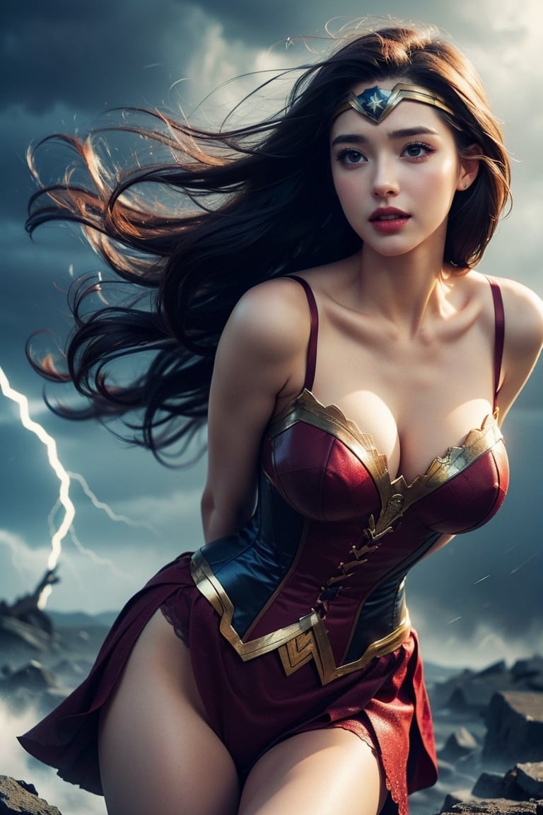 (masterpiece, best quality, photorealistic, high resolution, 8K raw photo opsional,19yo beautiful wonder woman,smile,from below,corset,erotic lingerie,big bust,colorful, jewelry,white ribbon on head,beautiful Slender,(strong wind Very long hair blowing),look at viewer,erotic pose,ellegance,sexy,smooth skin,sensuality and allure, cleavage, detailed face, detailed hands. makeup, glossy lips, sensual pose, in pain,(typhoon winds, tornado winds),captivating and visually stunning piece of fractal art featuring a single female figure wearing tight, created by a renowned artist, displaying extremely intricate details,Formal artistic quality with strong aesthetic appeal. High resolution rendering 8k,