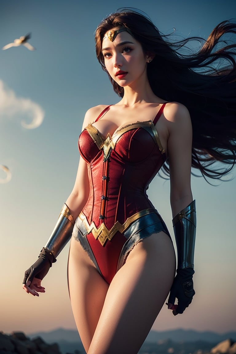 (masterpiece, best quality, photorealistic, high resolution, 8K raw photo opsional,19yo beautiful wonder woman,smile,from below,corset,erotic lingerie,big bust,colorful, jewelry,white ribbon on head,beautiful Slender,(strong wind Very long hair blowing),look at viewer,erotic pose,ellegance,sexy,smooth skin,sensuality and allure, cleavage, detailed face, detailed hands. makeup, glossy lips, sensual pose, in pain,diva stage background,captivating and visually stunning piece of fractal art featuring a single female figure wearing tight, created by a renowned artist, displaying extremely intricate details,Formal artistic quality with strong aesthetic appeal. High resolution rendering 8k,