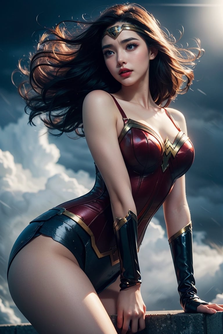 (masterpiece, best quality, photorealistic, high resolution, 8K raw photo opsional,19yo beautiful wonder woman,smile,from below,corset,erotic lingerie,big bust,colorful, jewelry,white ribbon on head,beautiful Slender,(strong wind Very long hair blowing),look at viewer,erotic pose,ellegance,sexy,smooth skin,sensuality and allure, cleavage, detailed face, detailed hands. makeup, glossy lips, sensual pose, in pain,(typhoon winds, tornado winds),captivating and visually stunning piece of fractal art featuring a single female figure wearing tight, created by a renowned artist, displaying extremely intricate details,Formal artistic quality with strong aesthetic appeal. High resolution rendering 8k,