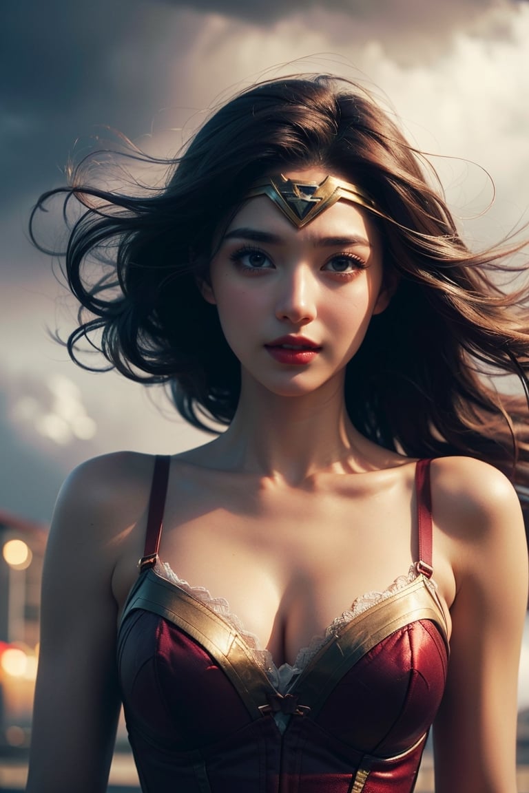 (masterpiece, best quality, photorealistic, high resolution, 8K raw photo opsional,19yo beautiful wonder woman,smile,from below,corset,erotic lingerie,big bust,colorful, jewelry,white ribbon on head,beautiful Slender,(strong wind Very long hair blowing),look at viewer,erotic pose,ellegance,sexy,smooth skin,sensuality and allure, cleavage, detailed face, detailed hands. makeup, glossy lips, sensual pose, in pain,(typhoon winds, tornado winds),captivating and visually stunning piece of fractal art featuring a single female figure wearing tight, created by a renowned artist, displaying extremely intricate details,Formal artistic quality with strong aesthetic appeal. High resolution rendering 8k,