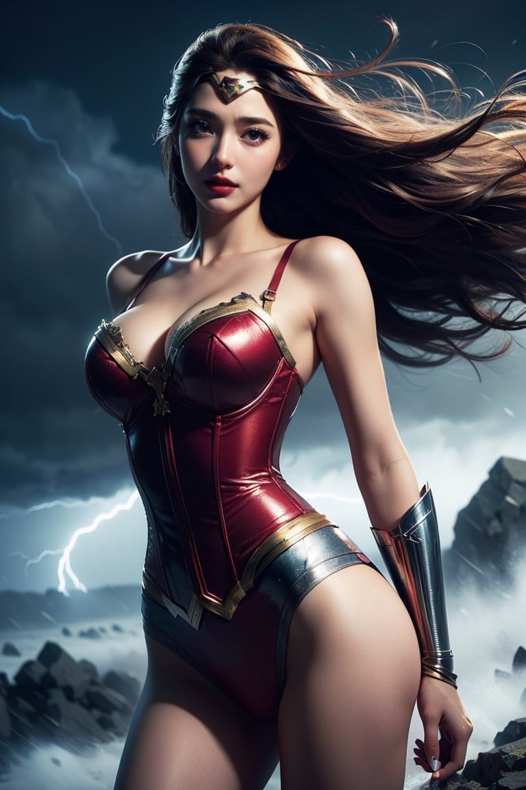 (masterpiece, best quality, photorealistic, high resolution, 8K raw photo opsional,19yo beautiful wonder woman,smile,from below,corset,erotic lingerie,big bust,colorful, jewelry,white ribbon on head,beautiful Slender,(strong wind Very long hair blowing),look at viewer,erotic pose,ellegance,sexy,smooth skin,sensuality and allure, cleavage, detailed face, detailed hands. makeup, glossy lips, sensual pose, in pain,(typhoon winds, tornado winds),captivating and visually stunning piece of fractal art featuring a single female figure wearing tight, created by a renowned artist, displaying extremely intricate details,Formal artistic quality with strong aesthetic appeal. High resolution rendering 8k,