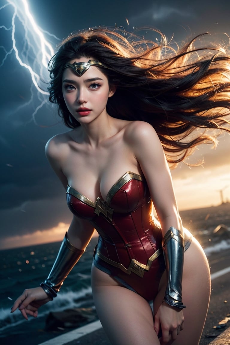 (masterpiece, best quality, photorealistic, high resolution, 8K raw photo opsional,19yo beautiful wonder woman,smile,from below,corset,erotic lingerie,big bust,colorful, jewelry,white ribbon on head,beautiful Slender,(strong wind Very long hair blowing),look at viewer,erotic pose,ellegance,sexy,smooth skin,sensuality and allure, cleavage, detailed face, detailed hands. makeup, glossy lips, sensual pose, in pain,(typhoon winds, tornado winds),captivating and visually stunning piece of fractal art featuring a single female figure wearing tight, created by a renowned artist, displaying extremely intricate details,Formal artistic quality with strong aesthetic appeal. High resolution rendering 8k,