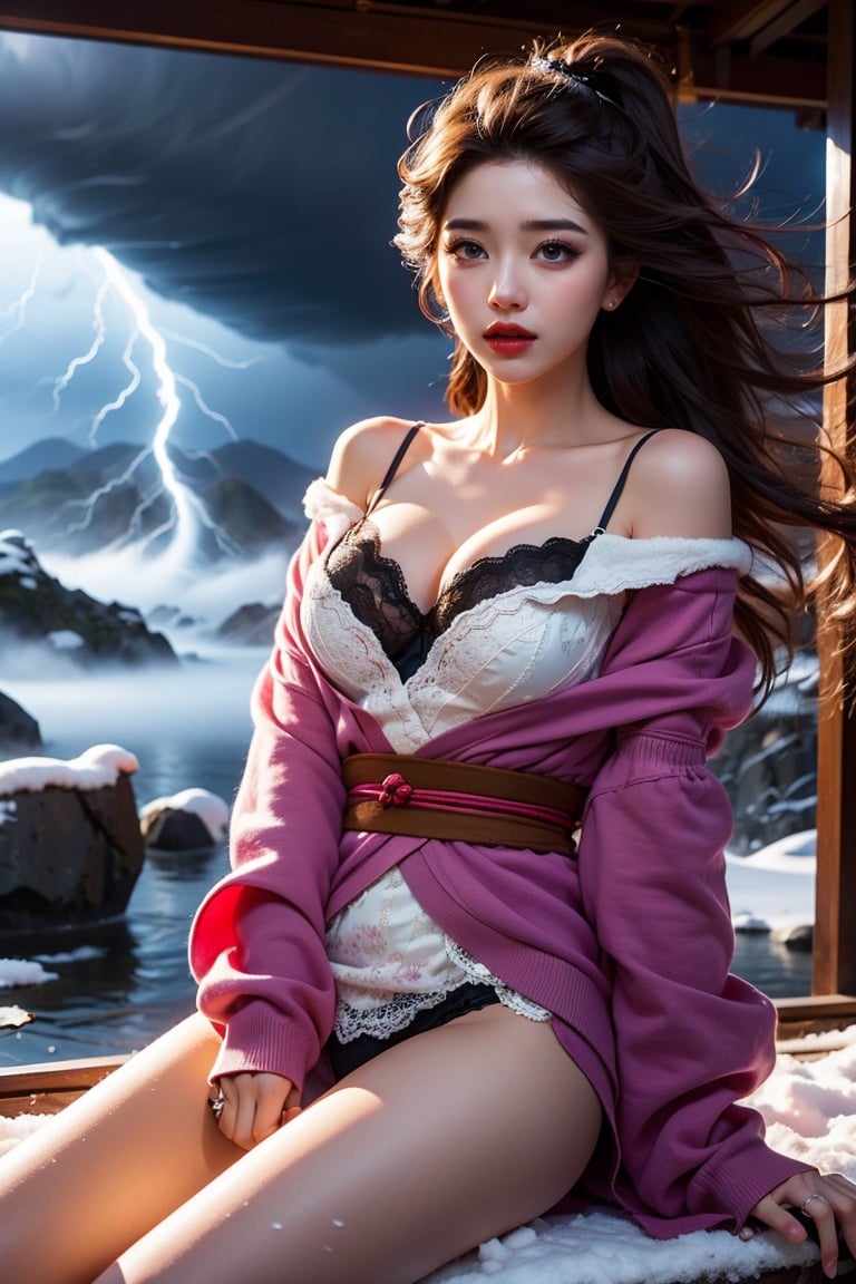 (masterpiece, best quality, photorealistic, high resolution, 8K raw photo)21 yo girl,kimono,off shoulder,bra,((panty drop)),((expose a little pussy)),sensuality elegance,,beautiful face,smile,red ribbon on head, dynamic pose,red lips,Japanese hot springs with snow background,1 girl,snow_scene_background,beautiful girl windswept away, (strong wind, windstorm, typhoon winds, tornado winds), big breasts, neckerchief, (very long hair), detailed face, detailed hands. makeup, glossy lips, sensual pose, in pain, outdoor,Japanese hot springs with snow background,captivating and visually stunning piece of fractal art featuring a single female figure wearing tight, created by a renowned artist, displaying extremely intricate details,Formal artistic quality with strong aesthetic appeal. High resolution rendering in 4K