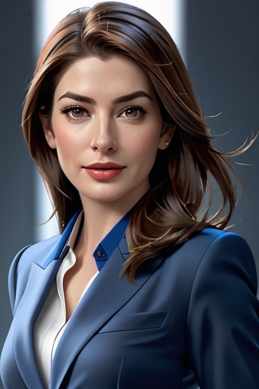 create a hyper realistic vertical photo of Indian most attractive woman in her 40s, ight brown hair, trending on artstation, portrait, digital art, modern, sleek, highly detailed, formal, determined, blue business suit, 36D ,  fairy tone, fair skin, anne hathway ,Masterpiece,photorealistic,masterpiece,disney pixar style,SD 1.5