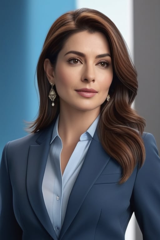 create a hyper realistic vertical photo of Indian most attractive woman in her 40s, ight brown hair, trending on artstation, portrait, digital art, modern, sleek, highly detailed, formal, determined, blue business suit, 36D ,  fairy tone, fair skin, anne hathway ,Masterpiece,photorealistic,masterpiece,disney pixar style