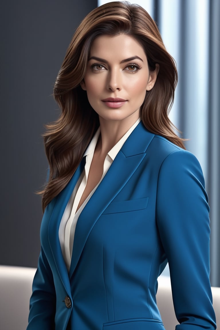 create a hyper realistic vertical photo of Indian most attractive woman in her 40s, ight brown hair, trending on artstation, portrait, digital art, modern, sleek, highly detailed, formal, determined, blue business suit, 36D ,  fairy tone, fair skin, anne hathway
