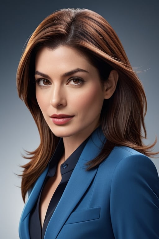 create a hyper realistic vertical photo of Indian most attractive woman in her 40s, ight brown hair, trending on artstation, portrait, digital art, modern, sleek, highly detailed, formal, determined, blue business suit, 36D ,  fairy tone, fair skin, anne hathway
,Masterpiece,photorealistic