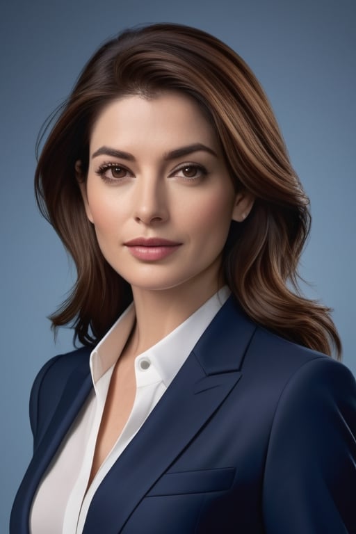 create a hyper realistic vertical photo of Indian most attractive woman in her 40s, ight brown hair, trending on artstation, portrait, digital art, modern, sleek, highly detailed, formal, determined, blue business suit, 36D ,  fairy tone, fair skin, anne hathway ,Masterpiece,photorealistic,masterpiece
