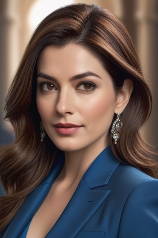 create a hyper realistic vertical photo of Indian most attractive woman in her 40s, ight brown hair, trending on artstation, portrait, digital art, modern, sleek, highly detailed, formal, determined, blue business suit, 36D ,  fairy tone, fair skin, anne hathway ,Masterpiece,photorealistic,masterpiece,disney pixar style