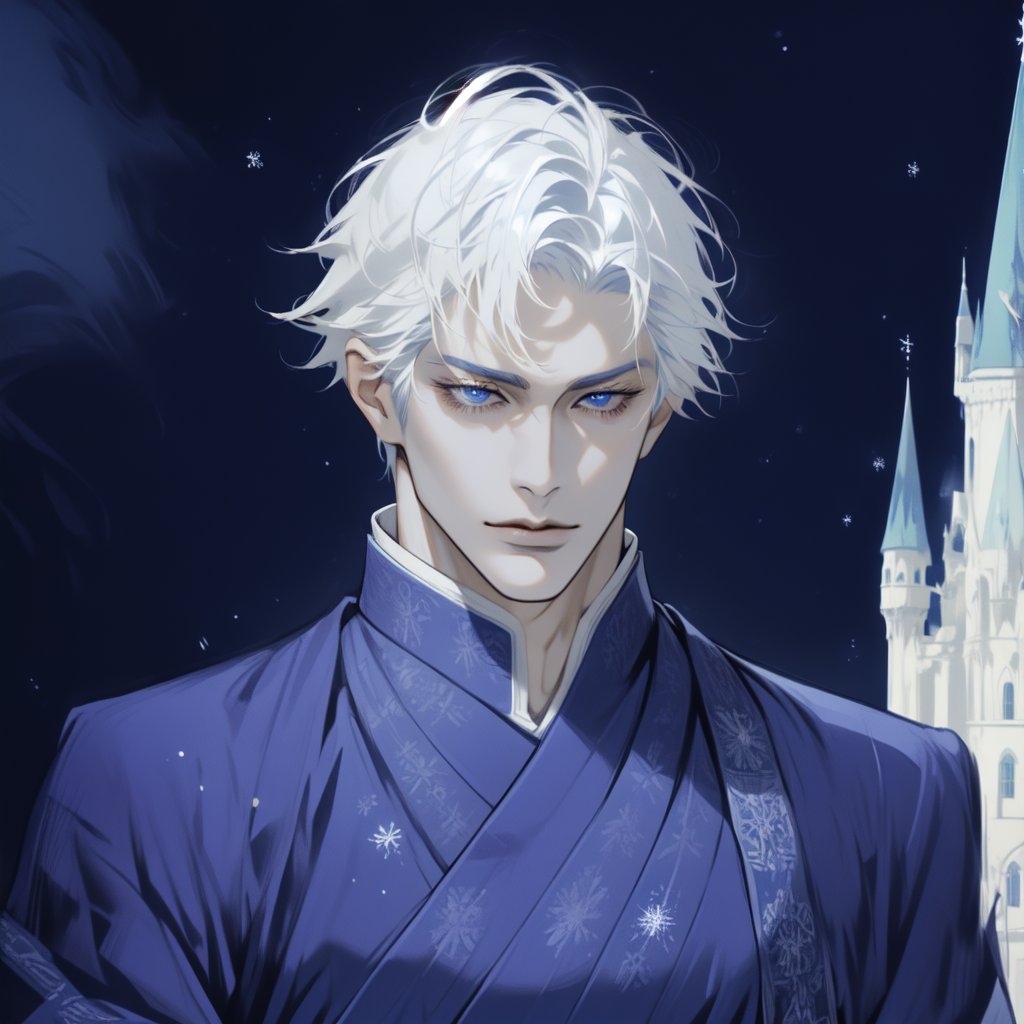 Gojo Satoru stands tall in a majestic pose, his full-body figure filling the frame. He wears regal attire with a basic king's robe, fit for royalty. His white hair shines like snowflakes, contrasting his porcelain-white skin. Intense blue eyes gaze directly at the viewer, captivating attention. A stunning castle looms behind him, with a sky blue and black background that complements his dashing good looks. The overall atmosphere is one of grandeur, as if Gojo Satoru is the epitome of chivalry and nobility.