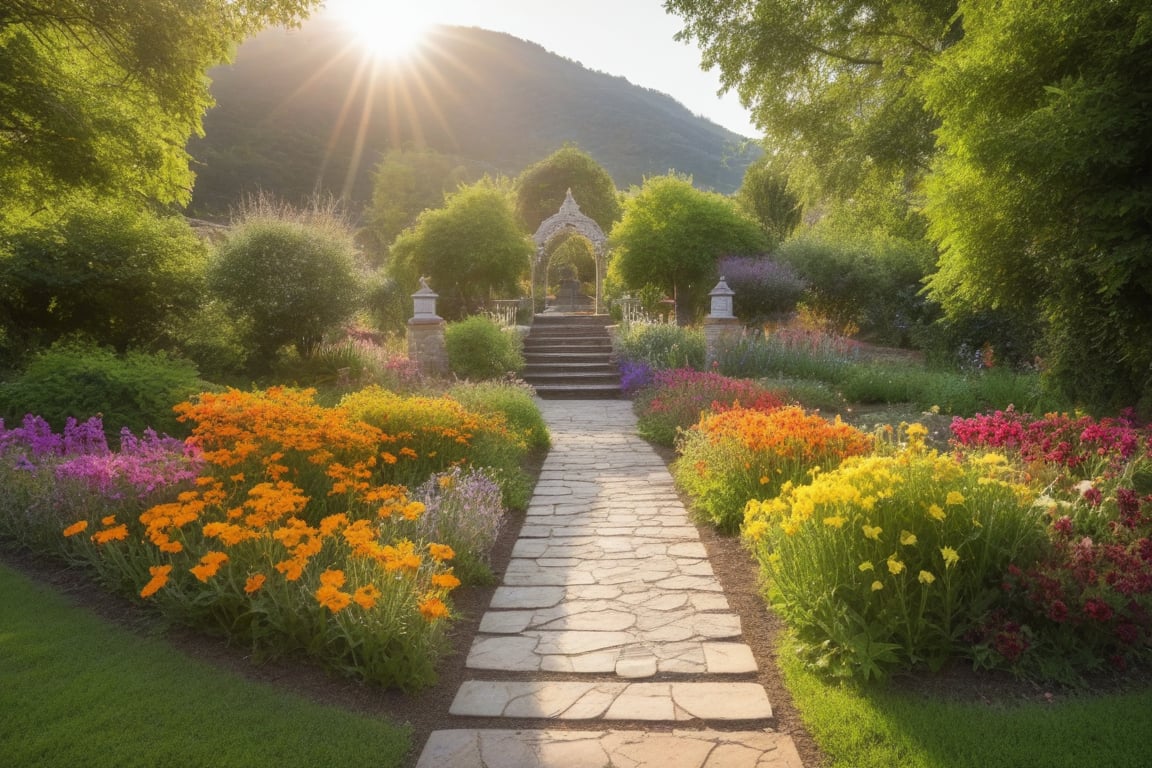 sunflower field, mountains, sunshine, lights, sky, garden, The image shows a well-kept garden surrounded by a wooden structure, possibly an ornamental vegetable garden. There is an open iron gate with decorative details, which gives access to a stone path and a staircase made of natural stones that leads to a higher area of ​​the garden. Alongside the path, there is a flowerbed full of vibrant flowers in shades of orange, pink, yellow and purple, which create a harmonious contrast with the green foliage in the background.

Near the top of the staircase, a white statue, possibly of an angel, is positioned, adding a decorative and spiritual touch to the landscape. The environment seems surrounded by shrubs and trees, which gives a sense of privacy and connection with nature.

The overall atmosphere is serene and welcoming, ideal for those seeking relaxation amidst the natural beauty of a flower garden.