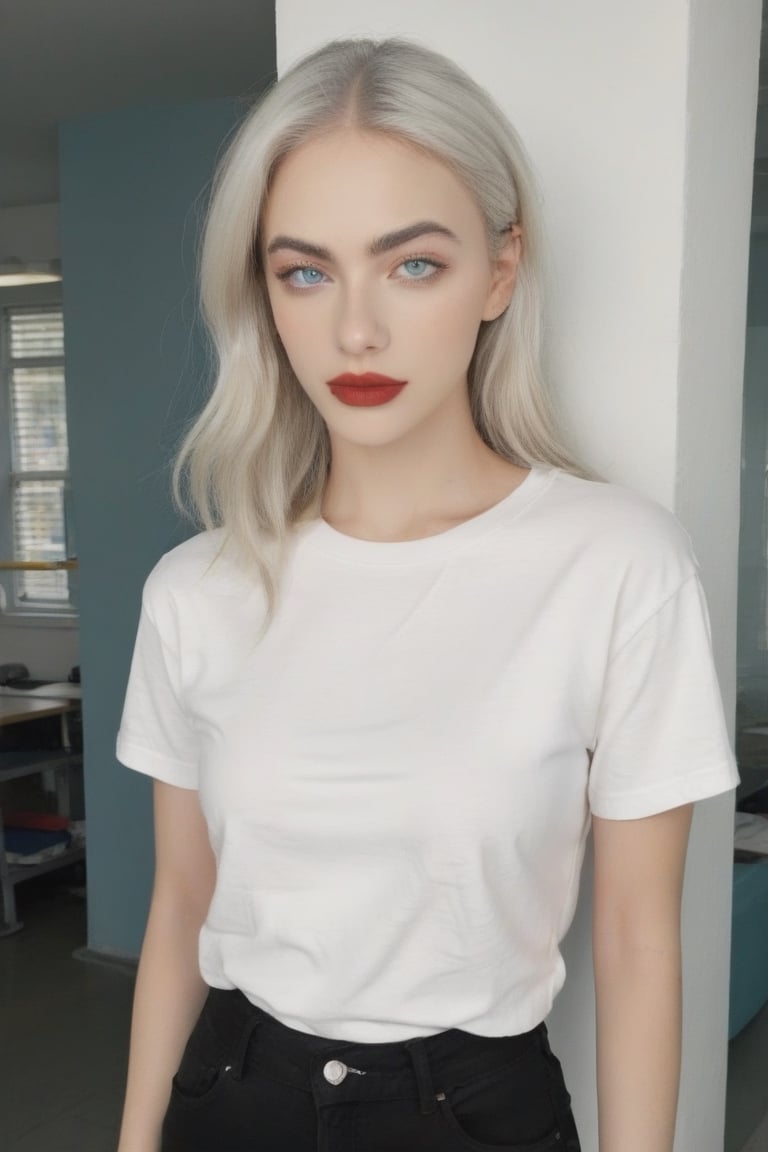 FilmGirl, 1woman, torso, young 25 years old, sexy, mature face, white_eyebrows, white_skin, white_hair, red_lips, aqua_eyes, beatiful eyes, pretty eyes, perfect_eyes, sexy eyebrows, simple clothes, white_tshirt, black_pants, YaelShelbia, background is a school