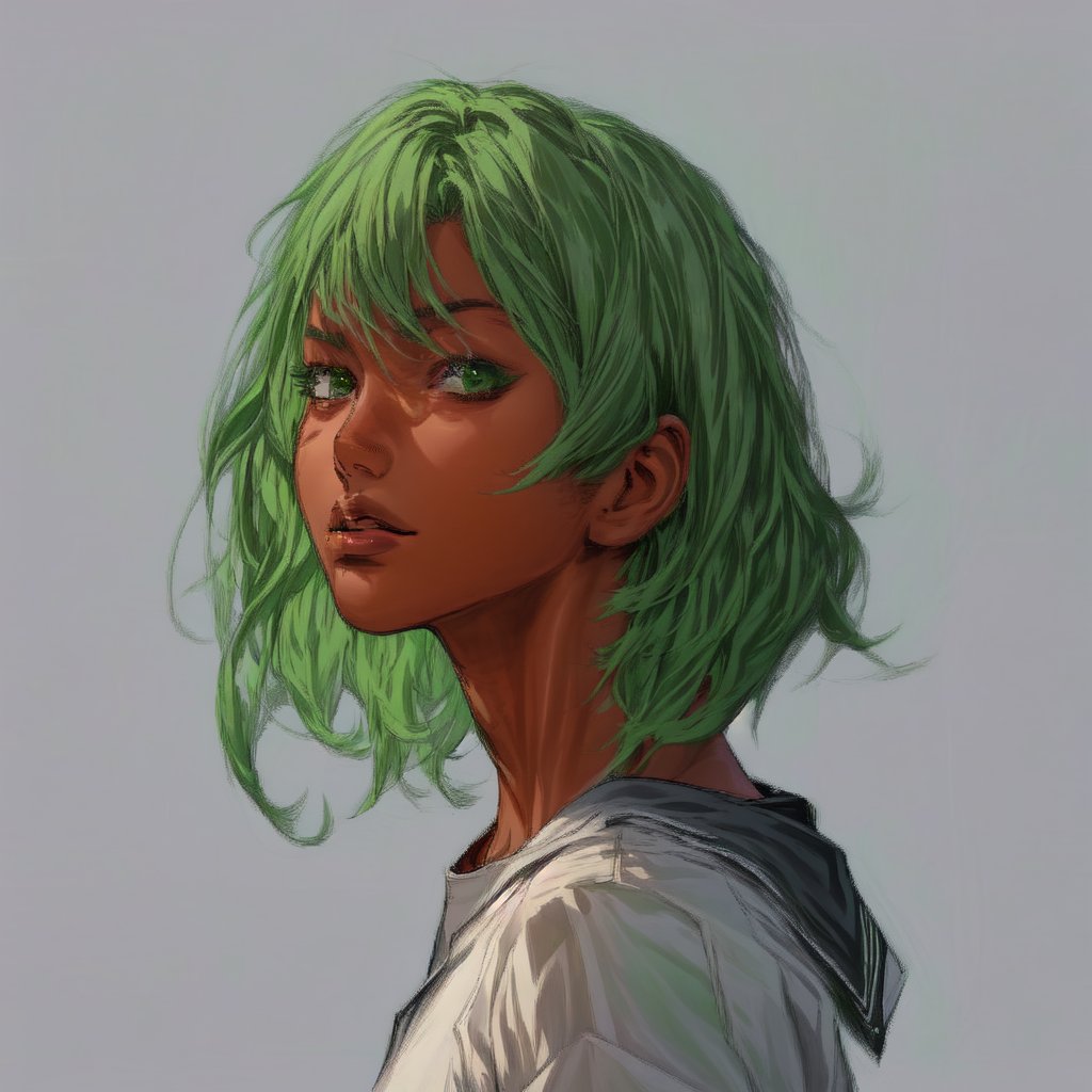 solo-female, looking at viewer, innocent face, short hair, simple background, shirt, school uniform, green eyes, white shirt, upper body, parted lips, green hair, serafuku, dark skin, sailor collar, grey background, from side, dark-skinned female, lips