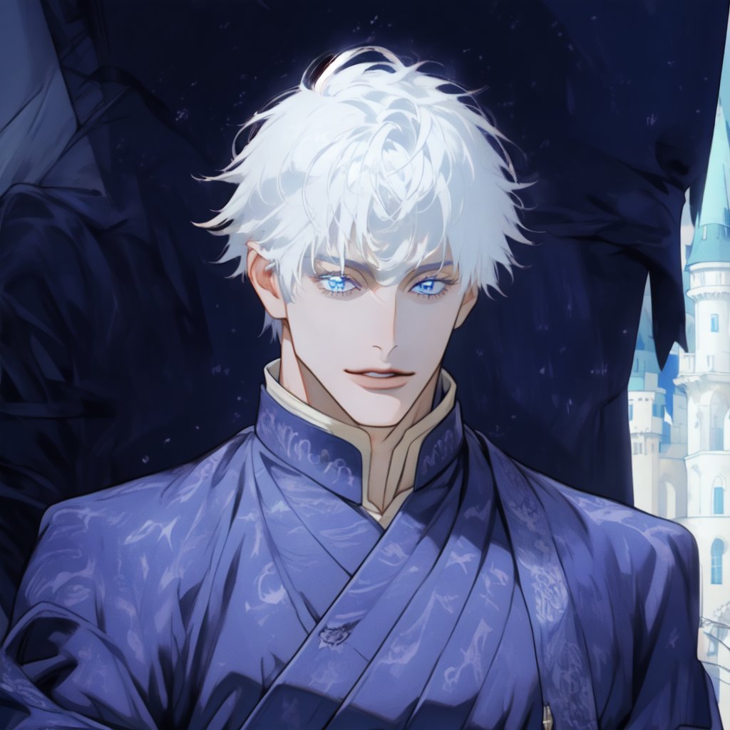 masterpiece, best quality, full detailed,1man, gojo satoru, full body, eyes, nose, stand, sky blue black backgorund, castle, basic king royal clothes, best quality, white hair, white skin, blue eyes, handsome