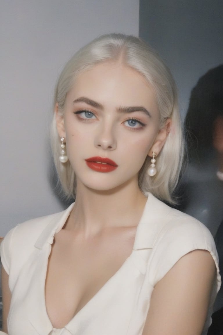 FilmGirl, 1woman, young 25 years old, sexy, mature face, white_eyebrows, white_skin, white_hair, red_lips, aqua_eyes, beatiful eyes, pretty eyes, sexy eyebrows, black_dress, shorts_sleeves, pearl-earrings, pearl-colar, background is gala event, YaelShelbia