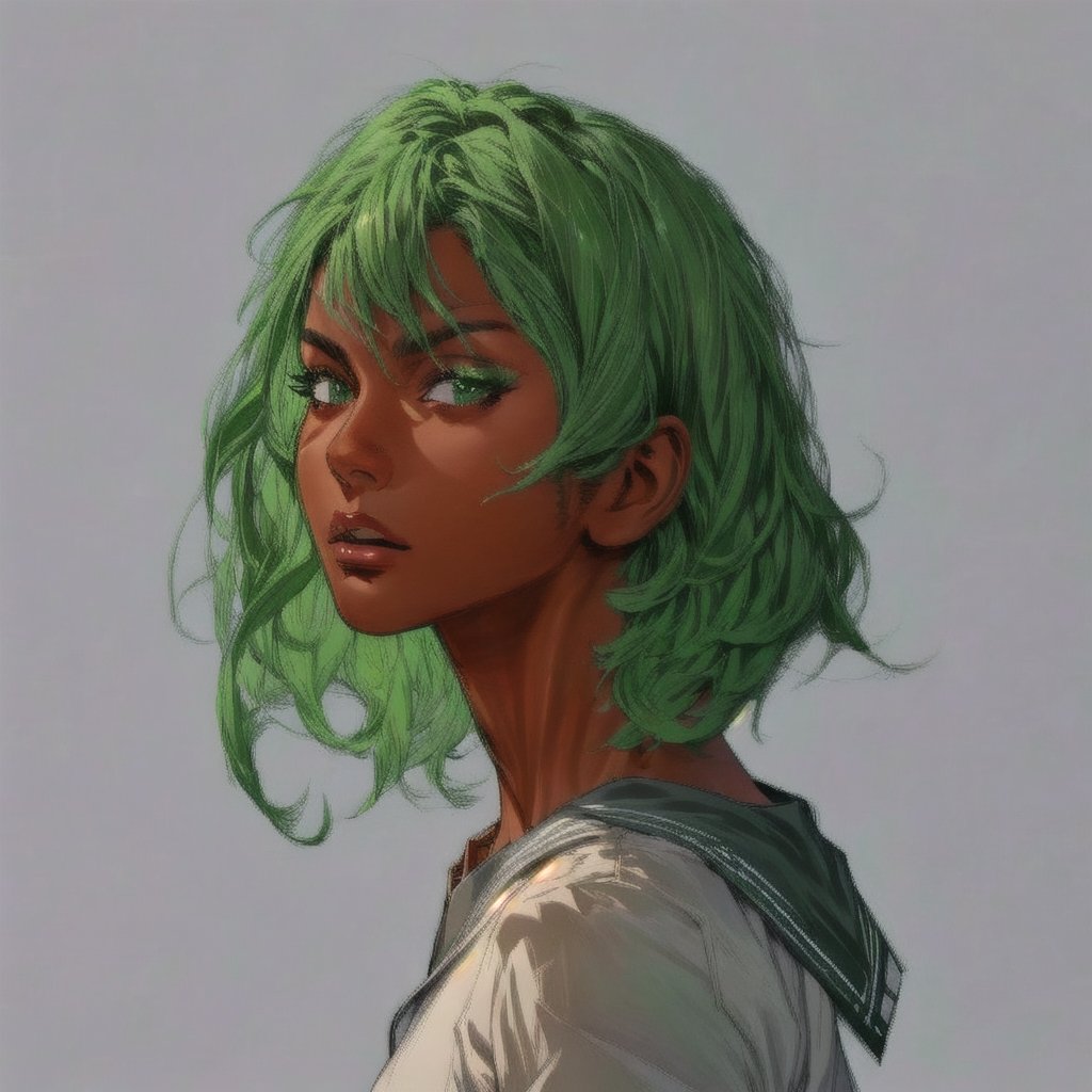 solo-female, looking at viewer, short hair, simple background, shirt, school uniform, green eyes, white shirt, upper body, parted lips, green hair, serafuku, dark skin, sailor collar, grey background, from side, dark-skinned female, lips