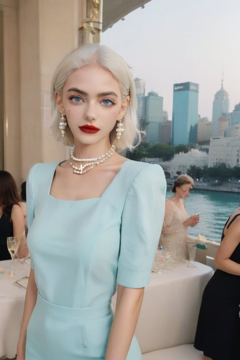 (masterpiece) (Full HD), FilmGirl, 1woman, young 25 years old, sexy, mature face, white_eyebrows, white_skin, white_hair, red_lips, aqua_eyes, black_dress, shorts_sleeves, pearl-earrings, pearl-colar, background is gala event,YaelShelbia