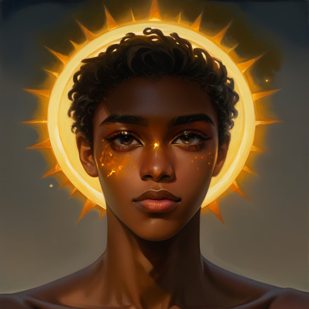 1boy, young 19 years, african_prince, dark_skin, afro, handsome, sun, boy, epic, solo, mastetpiece, a human touching the sun, light, Fechin, oil painting, IMPRESSIONISM, pretty boy, insanevoid, glowing eyes, extra eyes, horror \(theme\)