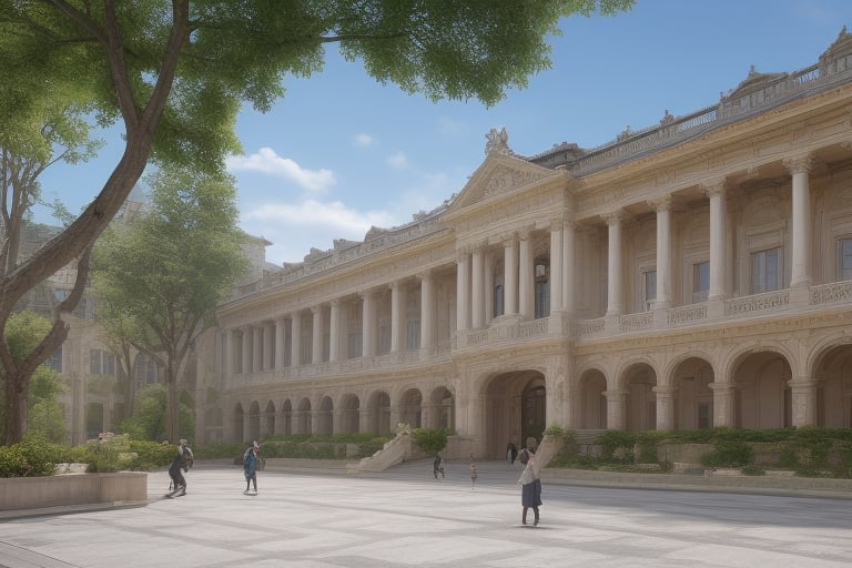 The image shows the facade of an elegant building, possibly an educational institution, such as a college, with classical and well-preserved features. The building is symmetrical, with a predominant light color (white or beige), and features tall, rectangular windows on both floors, all with ornamental details around the frames.

The center of the facade is highlighted by a staircase that leads to the main entrance, where there is a wooden door decorated with glass details. Above this door, there are columns supporting a small balcony and a decorative pediment at the top.

The building is surrounded by a well-kept garden, with paved paths leading to the entrance. Tropical plants, such as palm trees, are positioned along the path, contributing to the welcoming and serene atmosphere of the place.

The clear blue sky in the background completes the scene, reinforcing the idea of ​​a sunny day and tranquility in the environment. The building conveys a sense of tradition, organization and harmony.,(best quality, 4K, 8K, high-resolution, masterpiece), ultra-detailed, best detailed, details, skin detailed, photorealism, photorealistic, intricate, elegant, highly detailed, insane details, intricate details, hyper detailed