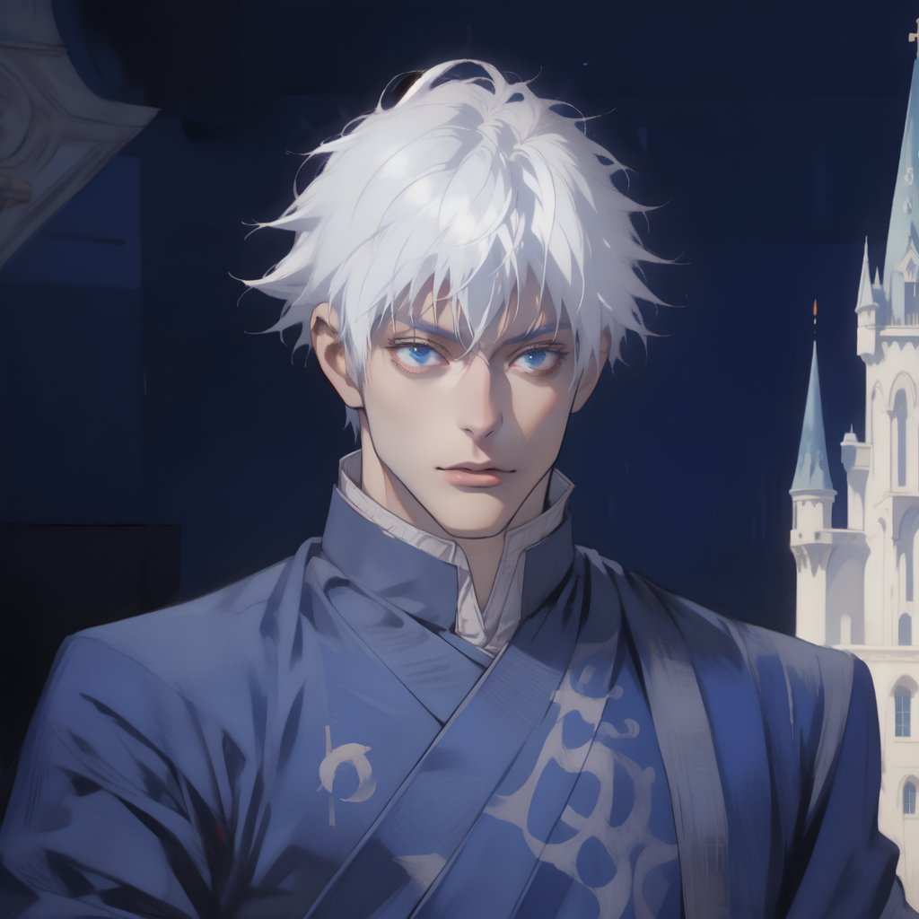 masterpiece, best quality, full detailed,1man, gojo satoru, full body, eyes, nose, stand, sky blue black backgorund, castle, basic king royal clothes, best quality, white hair, white skin, blue eyes, handsome,Jujutsu Kaisen