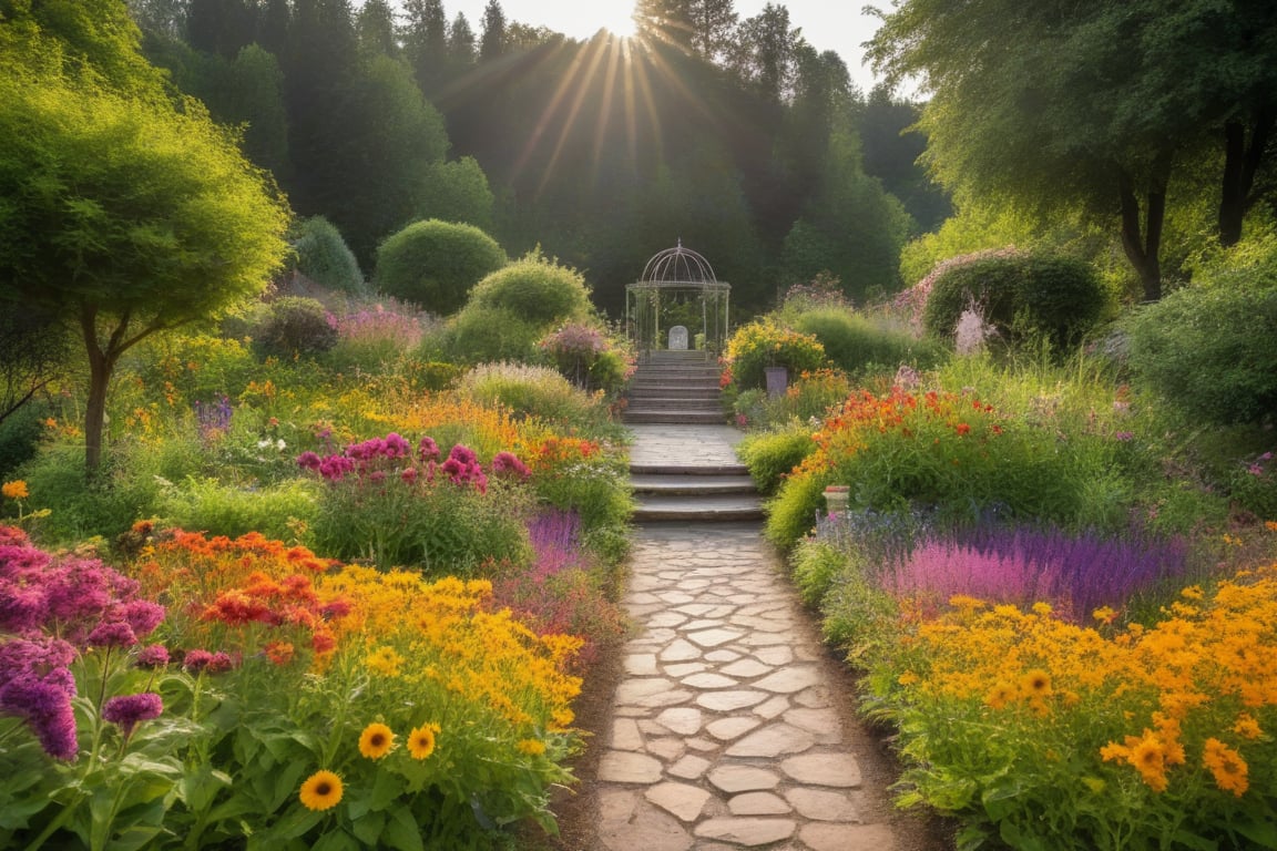 sunflower field, mountains, sunshine, lights, sky, garden, The image shows a well-kept garden surrounded by a wooden structure, possibly an ornamental vegetable garden. There is an open iron gate with decorative details, which gives access to a stone path and a staircase made of natural stones that leads to a higher area of ​​the garden. Alongside the path, there is a flowerbed full of vibrant flowers in shades of orange, pink, yellow and purple, which create a harmonious contrast with the green foliage in the background. Near the top of the staircase, a white statue, possibly of an angel, is positioned, adding a decorative and spiritual touch to the landscape. The environment seems surrounded by shrubs and trees, which gives a sense of privacy and connection with nature. The overall atmosphere is serene and welcoming, ideal for those seeking relaxation amidst the natural beauty of a flower garden.,more detail XL