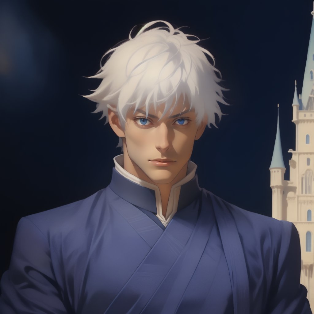 masterpiece, best quality, full detailed,1man, gojo satoru, full body, eyes, nose, stand, sky blue black backgorund, castle, basic king royal clothes, best quality, white hair, white skin, blue eyes, handsome,Jujutsu Kaisen