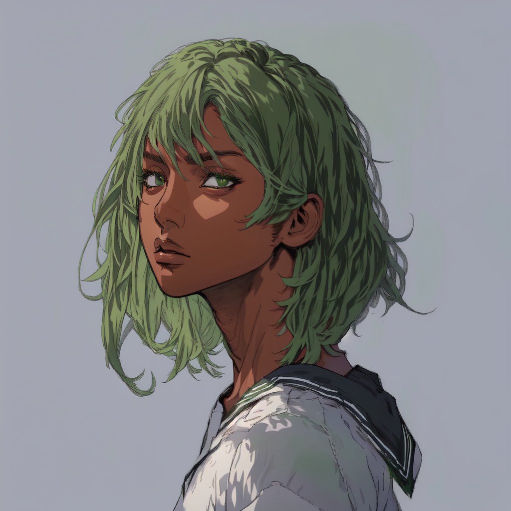 solo-female, looking at viewer, innocent face, short hair, simple background, shirt, school uniform, green eyes, white shirt, upper body, parted lips, green hair, serafuku, dark skin, sailor collar, grey background, from side, dark-skinned female, lips