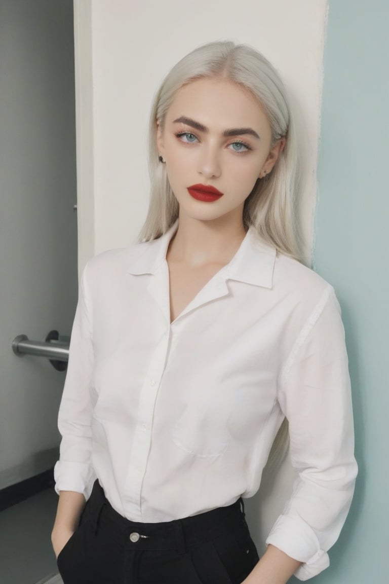 FilmGirl, 1woman, torso, young 25 years old, sexy, mature face, white_eyebrows, white_skin, white_hair, red_lips, aqua_eyes, beatiful eyes, pretty eyes, perfect_eyes, sexy eyebrows, simple clothes, white_shirt, black_pants, YaelShelbia, background is a school