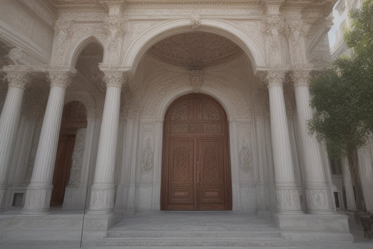 The image shows the facade of an elegant building, possibly an educational institution, such as a college, with classical and well-preserved features. The building is symmetrical, with a predominant light color (white or beige), and features tall, rectangular windows on both floors, all with ornamental details around the frames.

The center of the facade is highlighted by a staircase that leads to the main entrance, where there is a wooden door decorated with glass details. Above this door, there are columns supporting a small balcony and a decorative pediment at the top.

The building is surrounded by a well-kept garden, with paved paths leading to the entrance. Tropical plants, such as palm trees, are positioned along the path, contributing to the welcoming and serene atmosphere of the place.

The clear blue sky in the background completes the scene, reinforcing the idea of ​​a sunny day and tranquility in the environment. The building conveys a sense of tradition, organization and harmony.,(best quality, 4K, 8K, high-resolution, masterpiece), ultra-detailed, best detailed, details, skin detailed, photorealism, photorealistic, intricate, elegant, highly detailed, insane details, intricate details, hyper detailed,Signature 